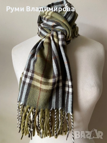 Тютюнево зелен, кариран шал от 100 % кашмир, снимка 3 - Шалове - 53423856