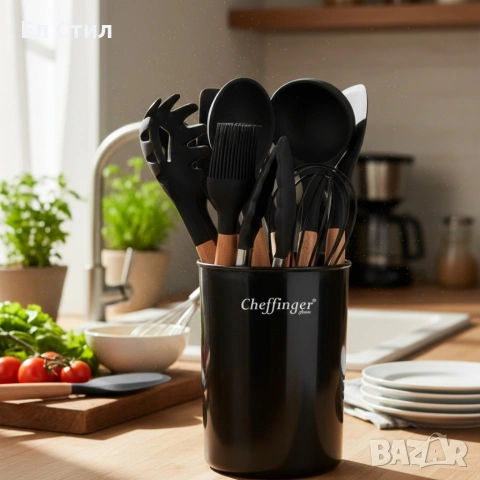 Комплект 12 части кухненски прибори със стойка–силиконови накрайници, дървени дръжки, снимка 10 - Прибори за хранене, готвене и сервиране - 53572991