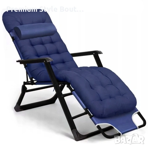 Сгъваем градински шезлонг, регулируем, със синя ватирана възглавница и дишаща материя, 178 см, снимка 7 - Градински мебели, декорация  - 53891509