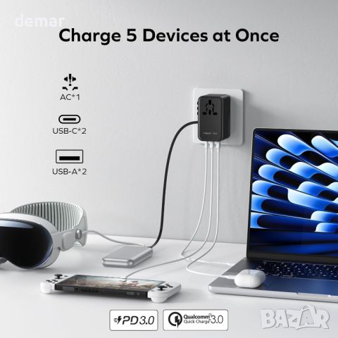 MOMAX Универсален адаптер за пътуване, 70W GaN вграден 65cm кабел, 2USB-C PD & 2USB-A QC, снимка 5 - Друга електроника - 45351793