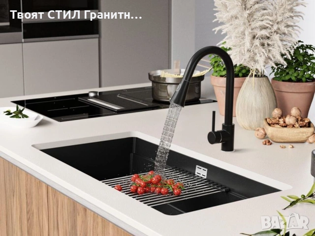 Черна кухненска мивка за вграждане под плот Прага 90 Level 860 x 470 мм, снимка 4 - Мивки - 53995036
