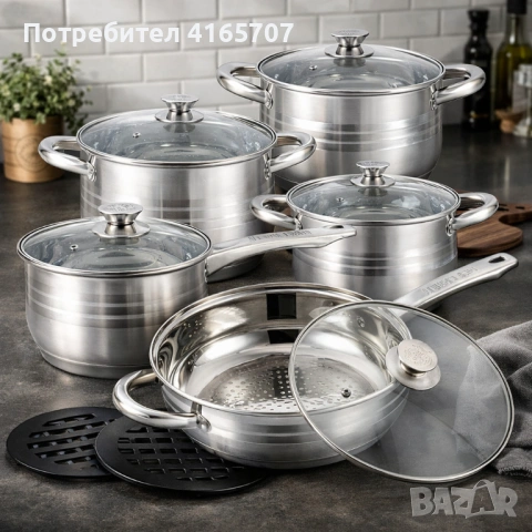 Комплект съдове за готвене 12 части Cheffinger, с индукционно дъно и стъклени капаци – тенджери, кас, снимка 3 - Съдове за готвене - 53193096
