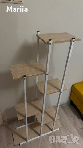 Поставка за цветя, метална, бяла, с 6 дървени рафта, 113 x 60 x 20 cm, снимка 2 - Градински мебели, декорация  - 52897169