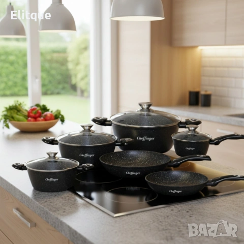 Комплект съдове за готвене Cheffinger от лят алуминий с мраморно покритие – 10 части