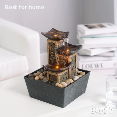 3-степенен фонтан за релаксация на маса, камък, осветен, 6,7 x 6,7 x 8,9 инча, снимка 3 - Други стоки за дома - 53710564