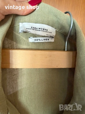 Ленена рокля в маслинено зелен цвят Zara, снимка 11 - Рокли - 54100255