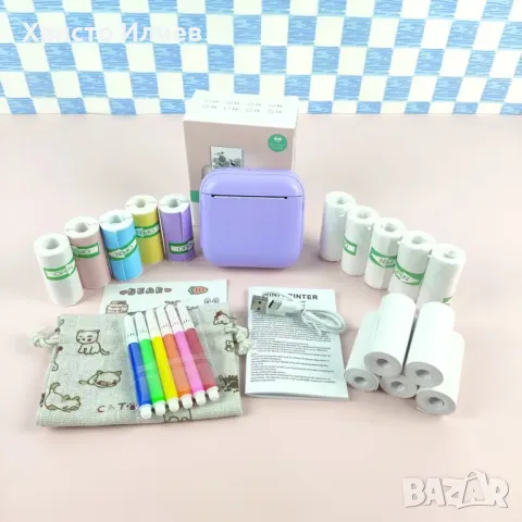 Термо принтер мини принтер за смартфон с 15 ролки хартия торбичка фулмастри - Бял Зелен Лилав, снимка 2 - Други - 50004428