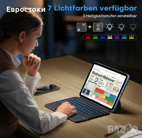 OMOTON калъф с клавиатура за iPad 10-то поколение 10,9 инча 2022 г., 7-цветно осветление, тъчпад, снимка 2 - Таблети - 49960841