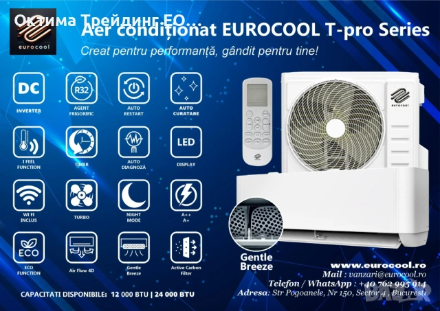 Климатик EUROCOOL T-PRO, 12000 BTU, R32, инверторен, Wi-Fi, филтър с активен въглен, нежен бриз, снимка 2 - Климатици - 53052969