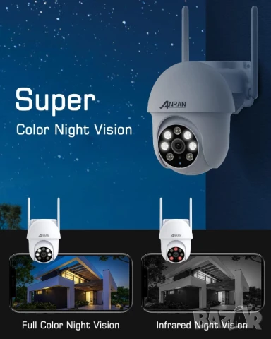 ANRAN 5MP PTZ WiFi FHD охранителна камера за външно видеонаблюдение IP66, снимка 5 - HD камери - 51139301