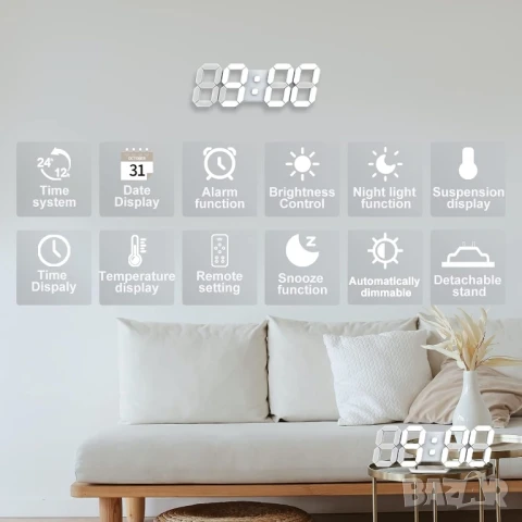3D LED дигитален стенен часовник, дистанционно, температура, аларма, снимка 6 - Стенни часовници - 51422653