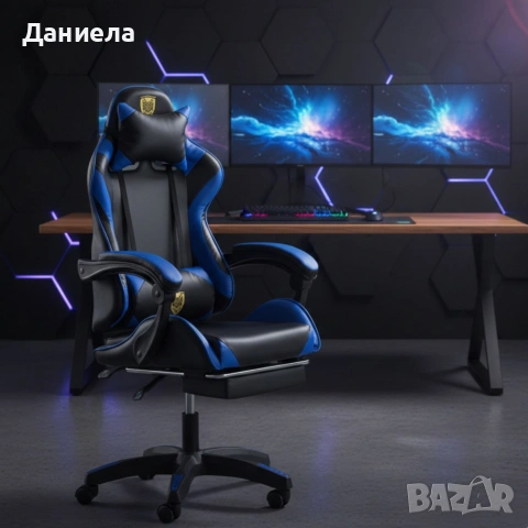 Геймърски стол с поставка за крака – черно-син, въртящ, с масажна функция и спортен дизайн