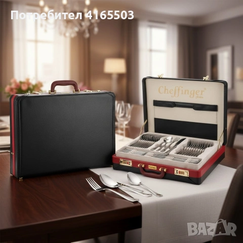 Луксозен комплект прибори Cheffinger – 72 части със сребърно/златно покритие и куфар за съхранение, снимка 4 - Прибори за хранене, готвене и сервиране - 53240134