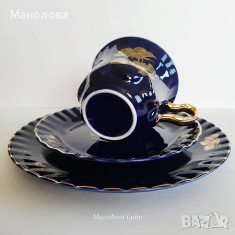 Кобалтово сини ваза Porzellanfabrik Waldsassen Bareuther & Co. AG и троен комплект , снимка 16 - Други ценни предмети - 54142289