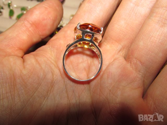 925 сребърен пръстен с цитрин 20 карата, размер 23x16мм, общо тегло 8.2гр., снимка 6 - Пръстени - 46418548