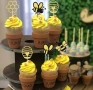 12 броя картонени топери брокат пчела пита кошер декорация торта , снимка 3
