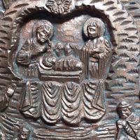 Стара икона Рождество Христово - мед - кожа, снимка 3 - Антикварни и старинни предмети - 45918217