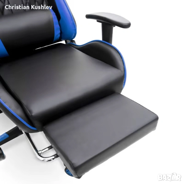 Геймърски стол за релакс с масаж и подложка за крака – син, снимка 1