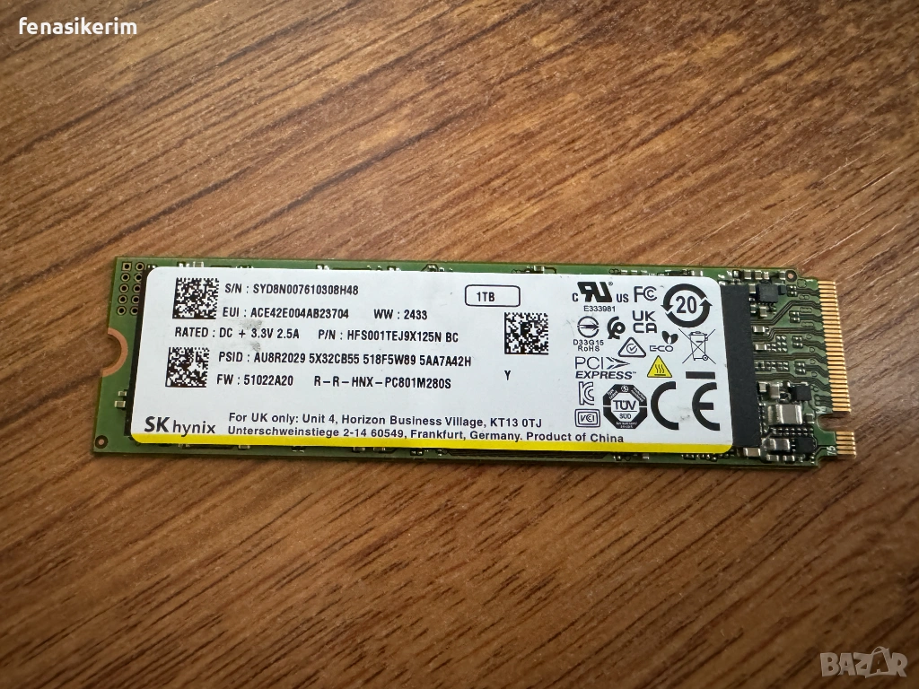 НОВО Hynix 1000GB 1TB SSD NVMe SSD Gen 4 x4 PCIe 2280 7800MB/s, снимка 1