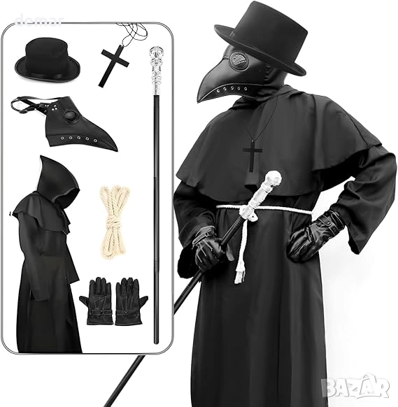 Комплект костюм на Чумния доктор за Хелоуин - Включва маска с дълъг нос и клюн, наметало с качулка, снимка 1