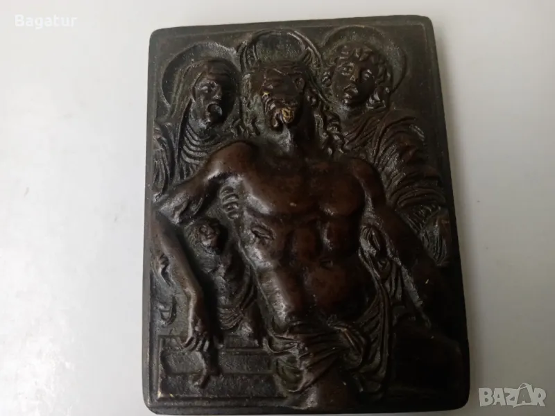 Стара икона бронз,масив,Исус,Мария,Св.Йоан,пиета, панагия,пано, снимка 1