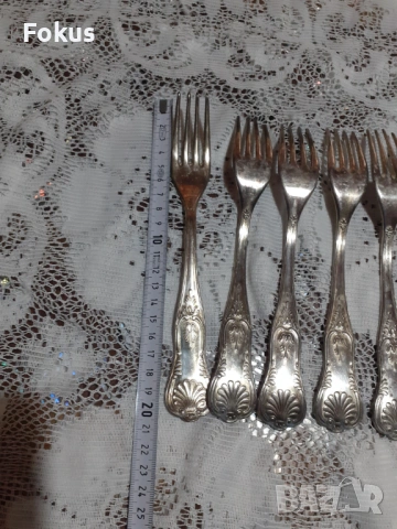 Стари антикварни посребрени прибори вилици 6 бр. маркирани, снимка 6 - Антикварни и старинни предмети - 53712135