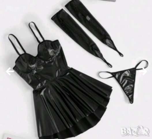 XL Черна кожена къса рокля ,ръкавиците и прашка 