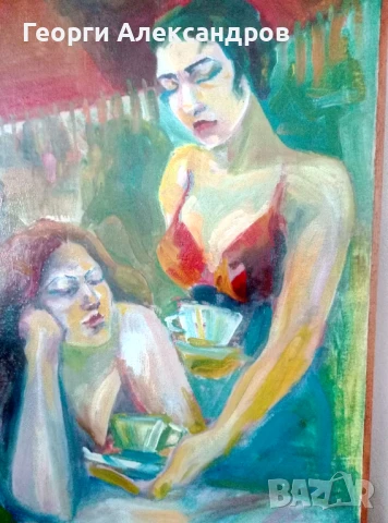 На КАФЕ - Стара МАСЛЕНА КАРТИНА 80/60см. Импресия Масло в/у Платно, снимка 2 - Картини - 46559062