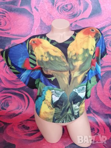 Цветна къса блуза с ръкави пеперуда с папагали С, снимка 3 - Тениски - 46231392