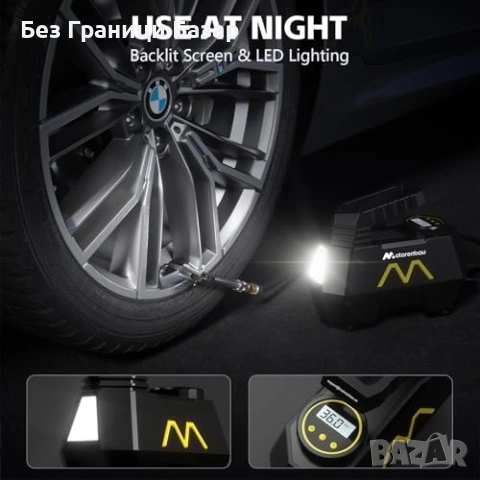 Нов Преносим компресор за гуми кола/мото/колело 150PSI LED + накрайници, снимка 6 - Друга електроника - 53683616