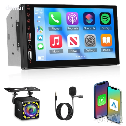 Двудиново автомобилно радио с безжичен Carplay и Android Auto, 7 инча
