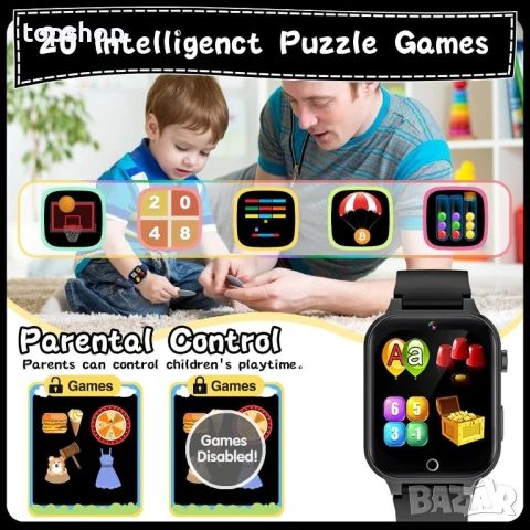 Детски смарт часовник, 26 игри, с HD камера, музика и видео, крачкомер, аларма (черен), снимка 4 - Образователни игри - 50569512