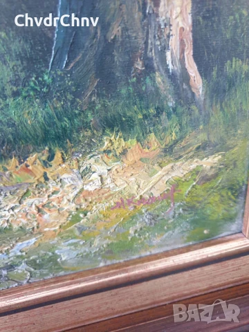 80х70см/голяма картина масло върху платно/селски пейзаж/къщи-дървета-планина/дървена рамка, снимка 8 - Картини - 50852639