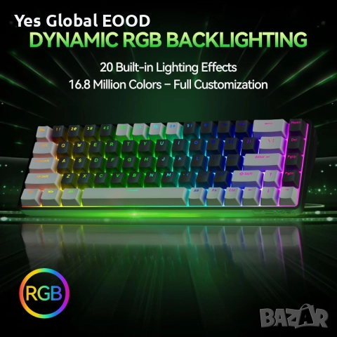 TMKB T68 безжична механична клавиатура 60% RGB три режима, снимка 3 - Клавиатури и мишки - 52849431