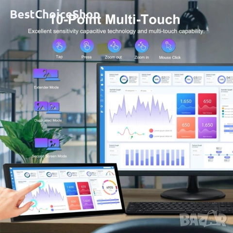 12.3-инчов тъч монитор с HDMI за лаптоп, вторичен дисплей – Портативен LCD, снимка 9 - Монитори - 53367013