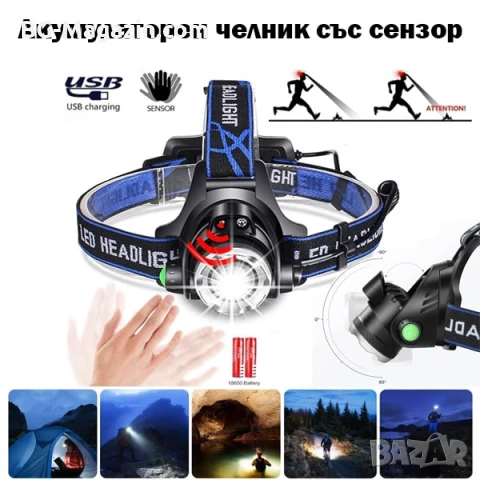 Презареждащ се LED челник за глава със сензор лед фенер за риболов бягане каска къмпинг палатка