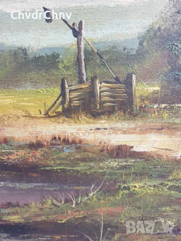 122х92см/стара голяма картина масло върху платно/пейзаж/къщи-кладенец/дървена рамка, снимка 9 - Картини - 51131307