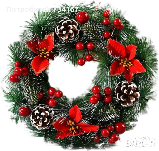 Коледен венец за декорация с шишарки и изкусветни коледни звезди, Външен диаметър: Ф30 см. , снимка 6 - Декорация за дома - 51881975