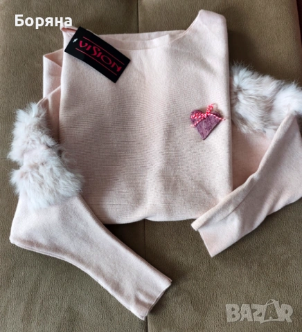 Бутик Vision - Нов розов пуловер кашмир с брошка, снимка 3 - Блузи с дълъг ръкав и пуловери - 37751508