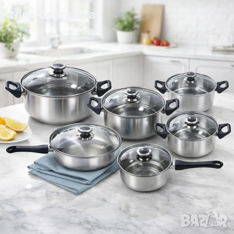 Комплект готварски съдове от инокс 12 части: 5 тенджери, тиган и стъклени капаци (16-24 см)