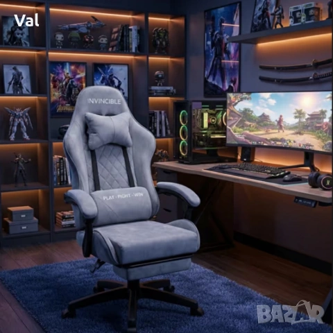 Геймърски стол с регулируема височина, лумбална възглавница и метална основа, снимка 3 - Столове - 53642121