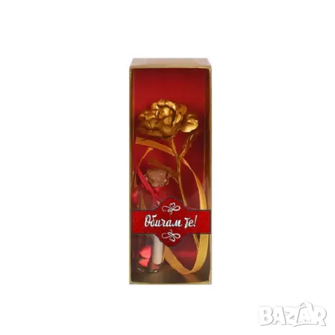 Подаръчен комплект Обичам те! със златна роза и послание, снимка 1