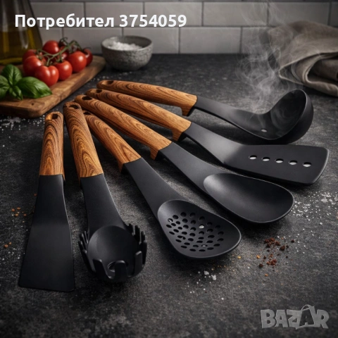 Комплект кухненски прибори 6 части с въртяща се стойка Cheffinger – дървесна визия, практичен и стил, снимка 3 - Прибори за хранене, готвене и сервиране - 53174080