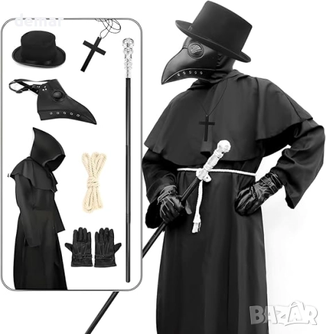 Комплект костюм на Чумния доктор за Хелоуин - Включва маска с дълъг нос и клюн, наметало с качулка, снимка 1