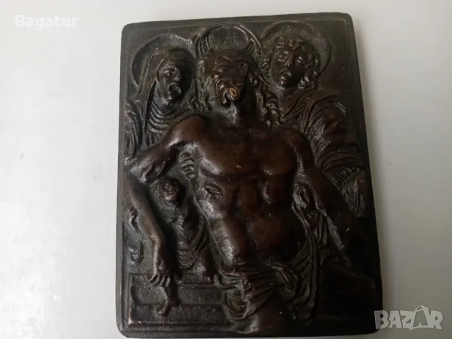 Стара икона бронз,масив,Исус,Мария,Св.Йоан,пиета, панагия,пано, снимка 1