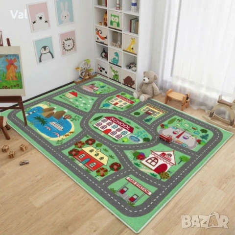 Детски килим за игра 120х160см - Зелен килим с училище и пътища, противоплъзгащ и миещ се, снимка 2 - Килими - 53932019