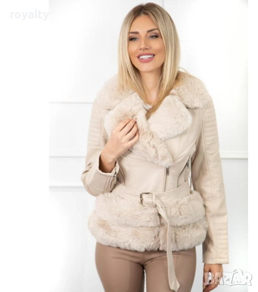 Дамско бежово кожено яке с пух, снимка 1