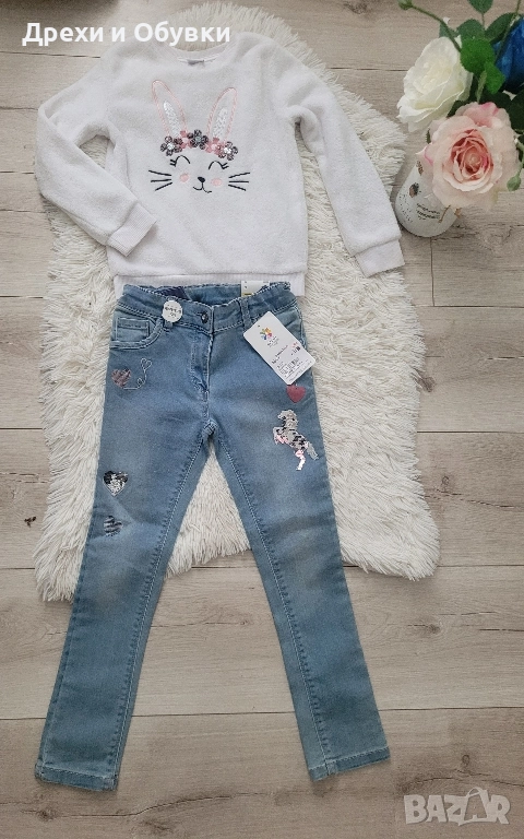 Детски дънки с пайети и блузка със зайче , снимка 1