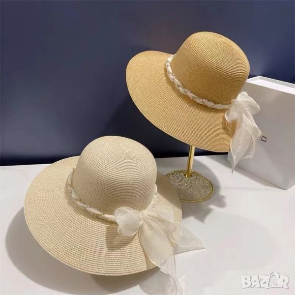 Елегантна дамска сламена шапка в нежен дизайн с воал и перли, снимка 1