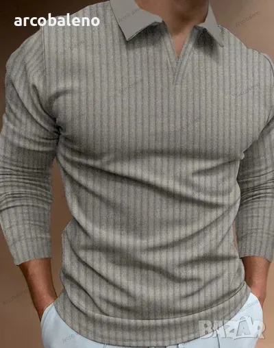 Ежедневна мъжка поло тениска с дълъг ръкав, разтеглива вертикална лента и V-образно деколте, 3цвята , снимка 1